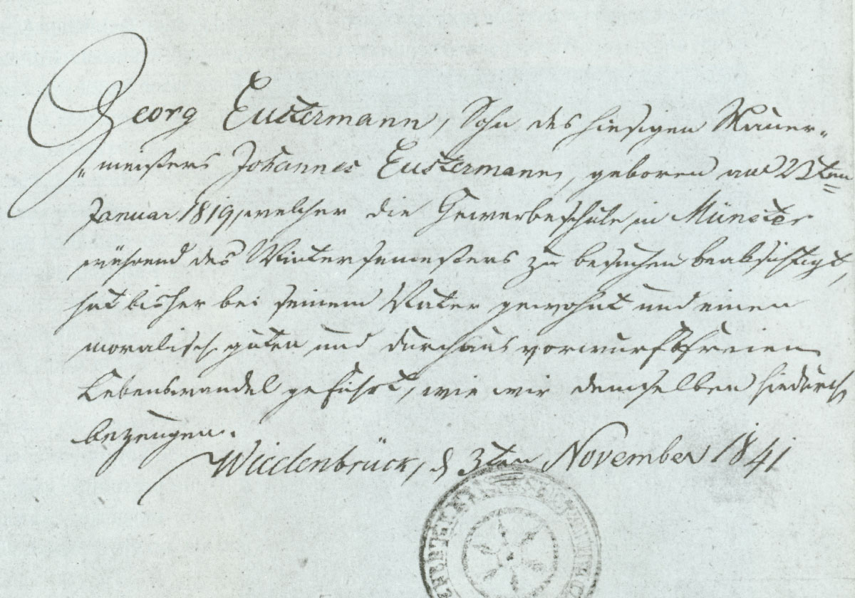 Urkunde für Georg Eustermann, November 1841